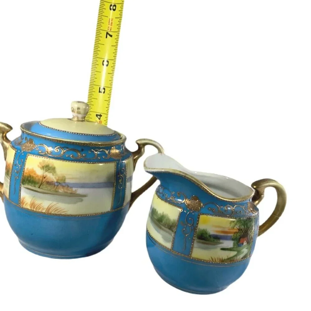 Vtg Chikaramachi Creamer Sugar Bowl Set Hand Painted Japan Green Mark 1924-35 - Picture 7 of 12